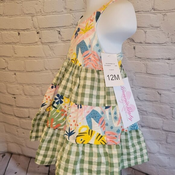 Baby Girls Sleeveless Tiered Mixed Tropical Print and Seersucker Check Dress - Picture 3 of 6